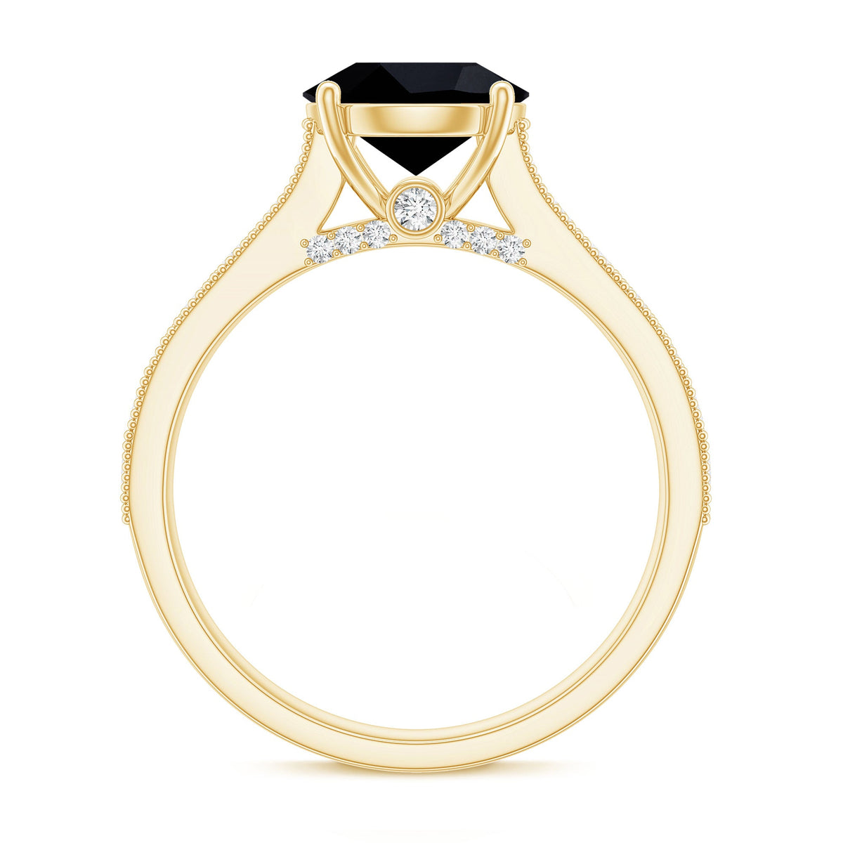 Natural black spinel solitaire engagement ring with diamond side stones, featuring a sleek band and elegant design by Rosec Jewels.