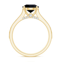 Natural black spinel solitaire engagement ring with diamond side stones, featuring a sleek band and elegant design by Rosec Jewels.