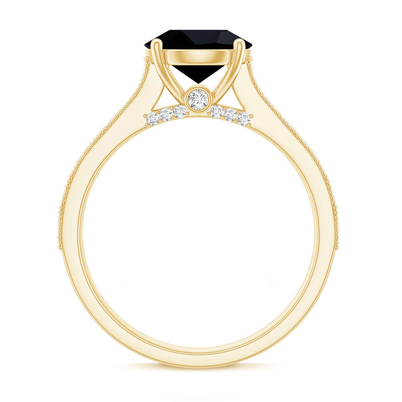 Natural black spinel solitaire engagement ring with diamond side stones, featuring a sleek band and elegant design by Rosec Jewels.
