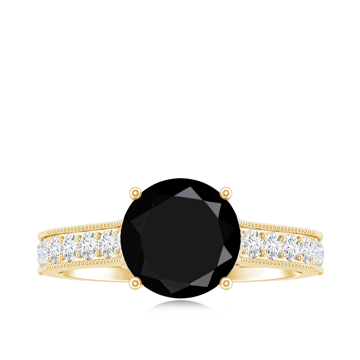 Natural black spinel solitaire engagement ring with diamond side stones, rose gold band, from Rosec Jewels.