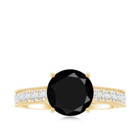 Natural black spinel solitaire engagement ring with diamond side stones, rose gold band, from Rosec Jewels.