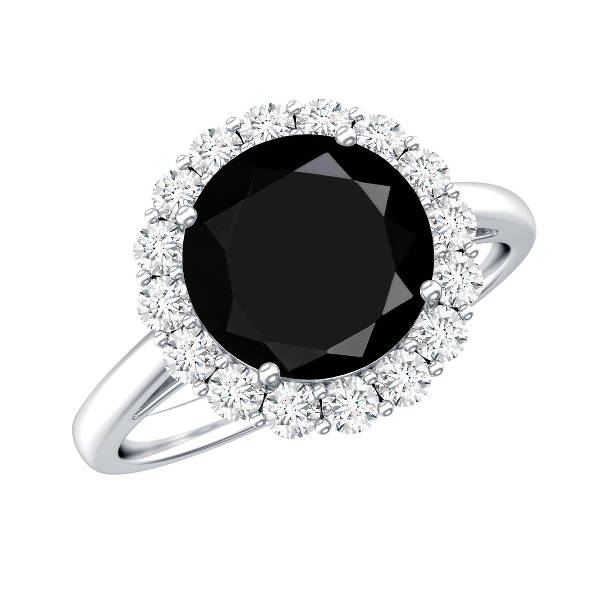 Natural 2.6 carat black spinel engagement ring with diamond halo from Rosec Jewels, showcasing the elegant ring design and sparkling accents.