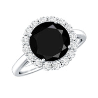 Natural 2.6 carat black spinel engagement ring with diamond halo from Rosec Jewels, showcasing the elegant ring design and sparkling accents.