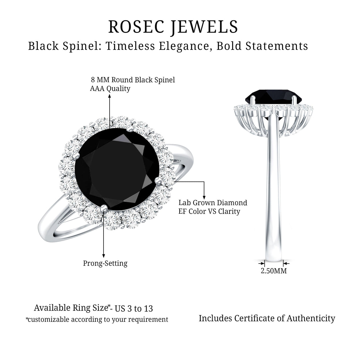 Natural 2.6 carat black spinel engagement ring with diamond halo from Rosec Jewels, featuring a stunning black gemstone and sparkling diamonds.