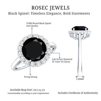 Natural 2.6 carat black spinel engagement ring with diamond halo from Rosec Jewels, featuring a stunning black gemstone and sparkling diamonds.