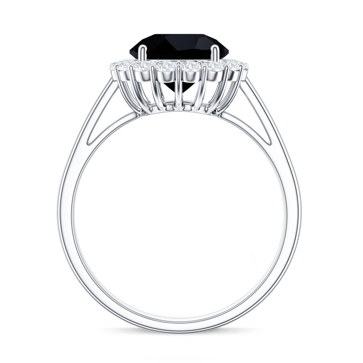 Natural 2.6 carat black spinel engagement ring with diamond halo from Rosec Jewels, showcasing the elegant design and sparkling stones.