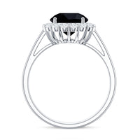 Natural 2.6 carat black spinel engagement ring with diamond halo from Rosec Jewels, showcasing the elegant design and sparkling stones.