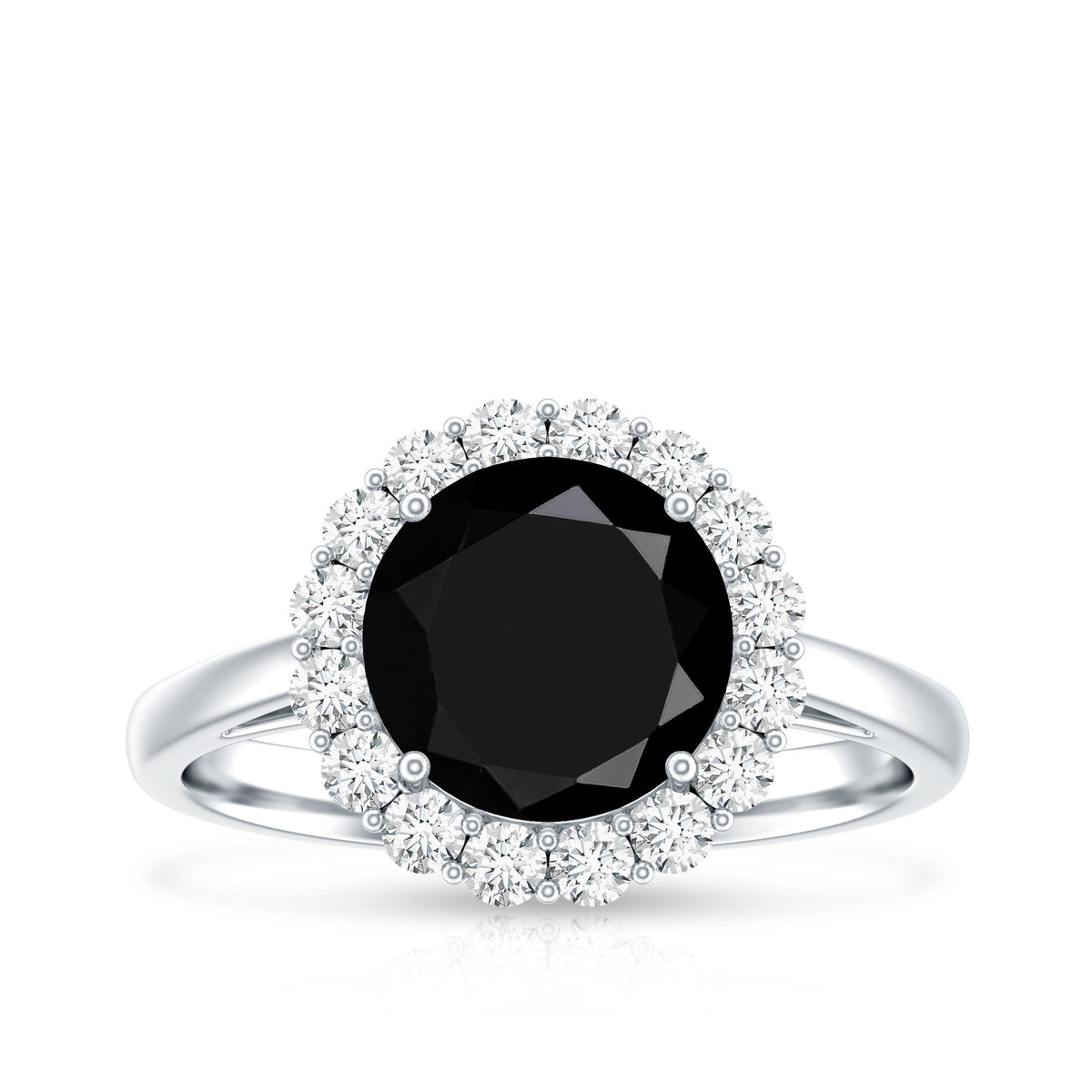 Natural 2.6 carat black spinel engagement ring with diamond halo from Rosec Jewels, featuring a striking dark gemstone and sparkling accents.