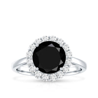 Natural 2.6 carat black spinel engagement ring with diamond halo from Rosec Jewels, featuring a striking dark gemstone and sparkling accents.