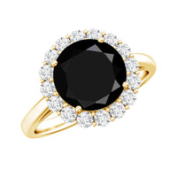 Natural 2.6 carat black spinel engagement ring with diamond halo by Rosec Jewels, featuring a sleek silver band and intricate design.