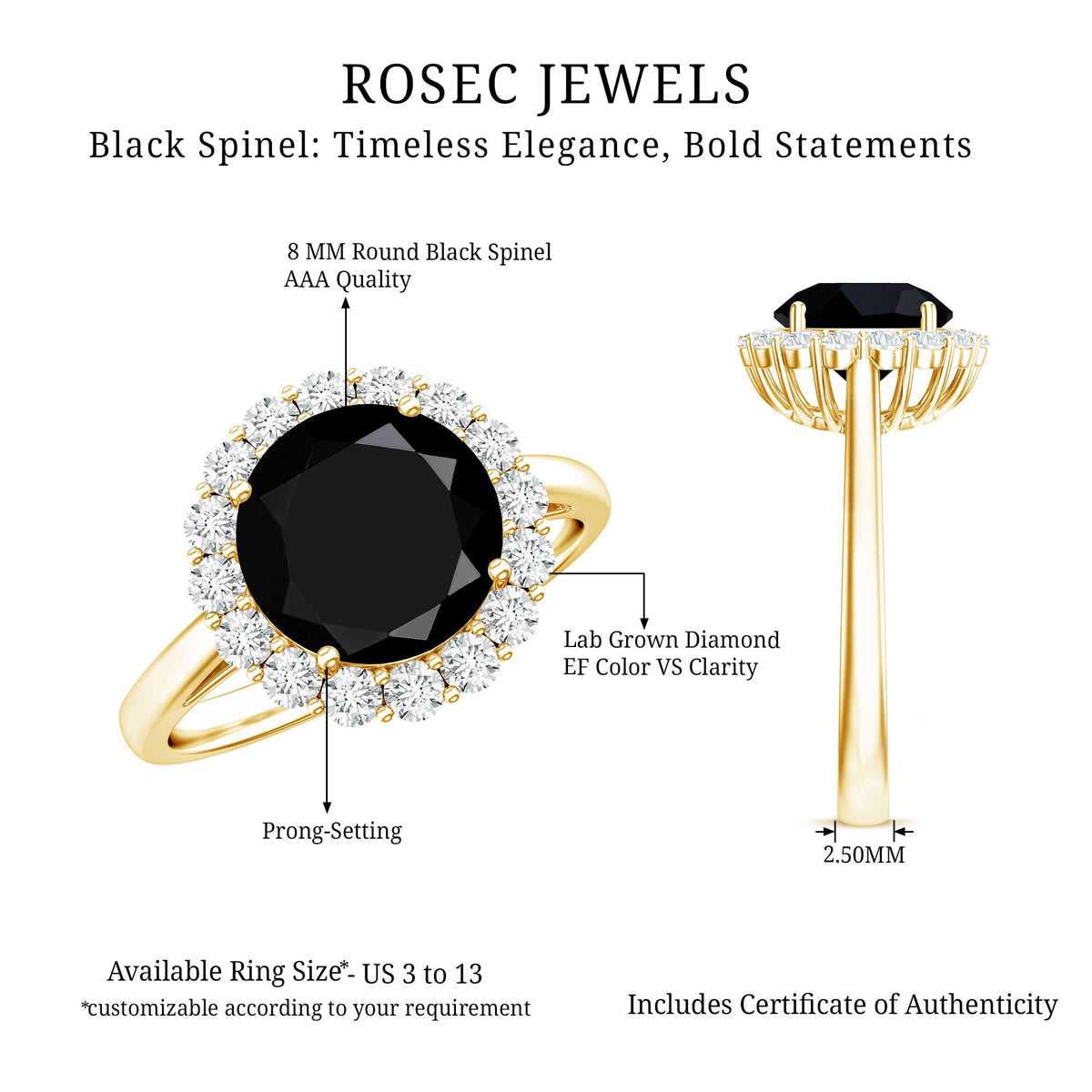 Natural 2.6 carat black spinel engagement ring with diamond halo by Rosec Jewels, featuring a detailed view of the ring design.