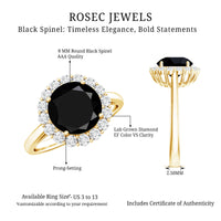 Natural 2.6 carat black spinel engagement ring with diamond halo by Rosec Jewels, featuring a detailed view of the ring design.