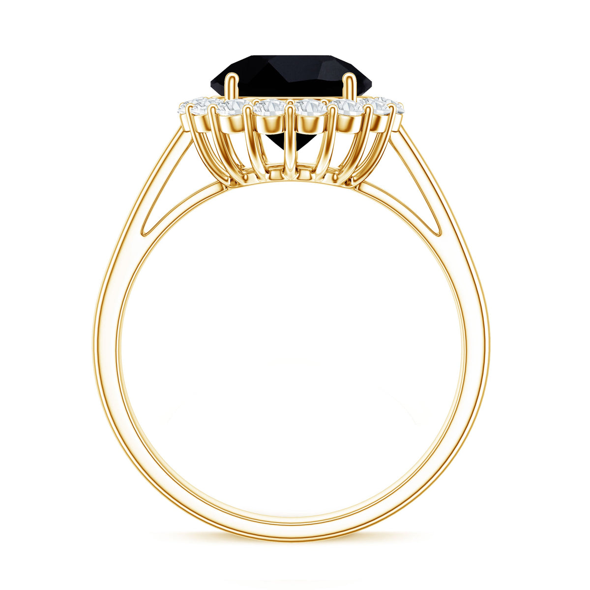 Natural 2.6 carat black spinel engagement ring with diamond halo from Rosec Jewels, featuring a sleek gold band and sparkling accents.