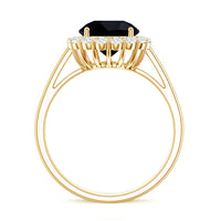 Natural 2.6 carat black spinel engagement ring with diamond halo from Rosec Jewels, featuring a sleek gold band and sparkling accents.