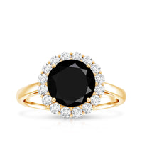 Natural 2.6 carat black spinel engagement ring with diamond halo, featuring a rose gold band and intricate detailing.