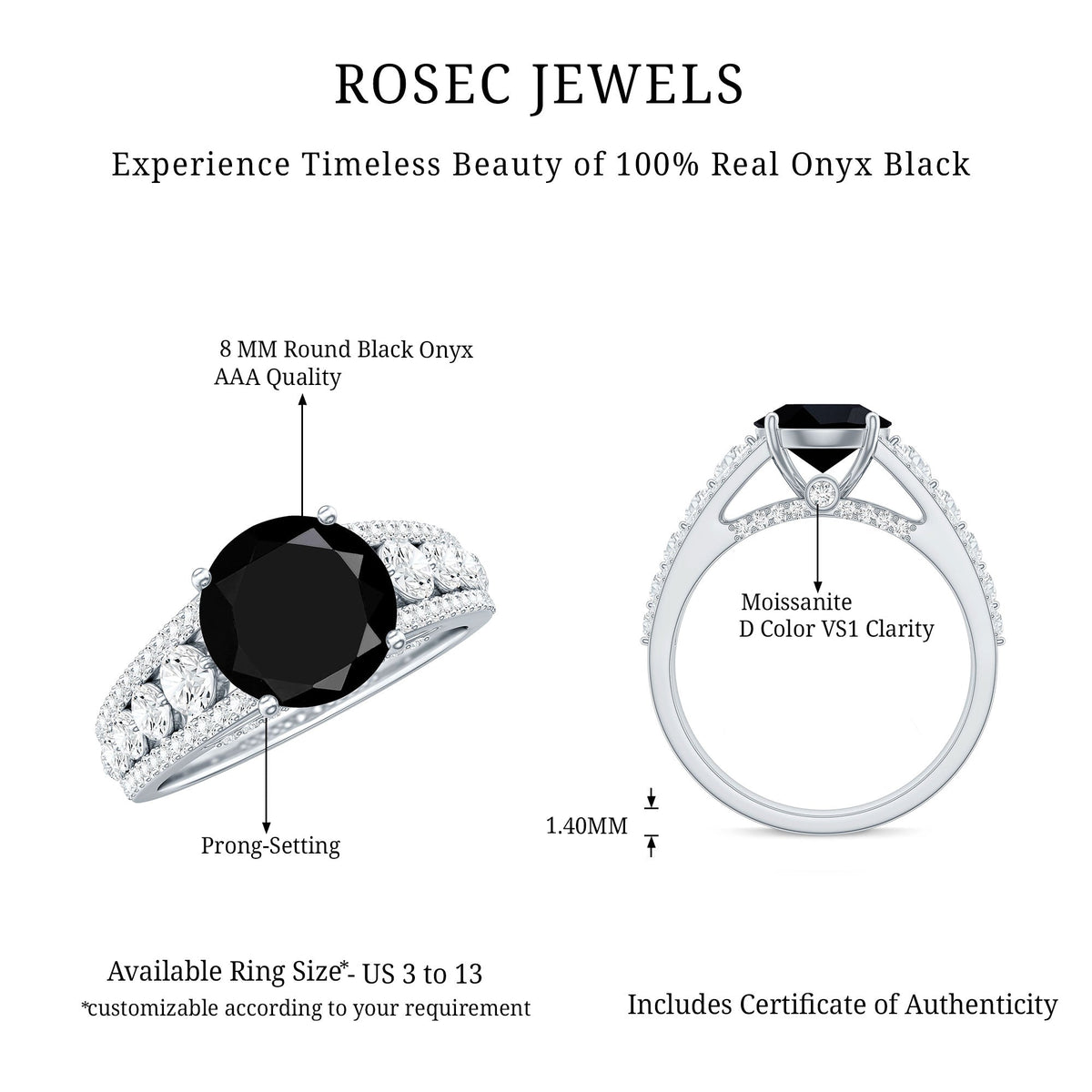 8mm Round Black Onyx Statement Engagement Ring with Moissanite Side Stones