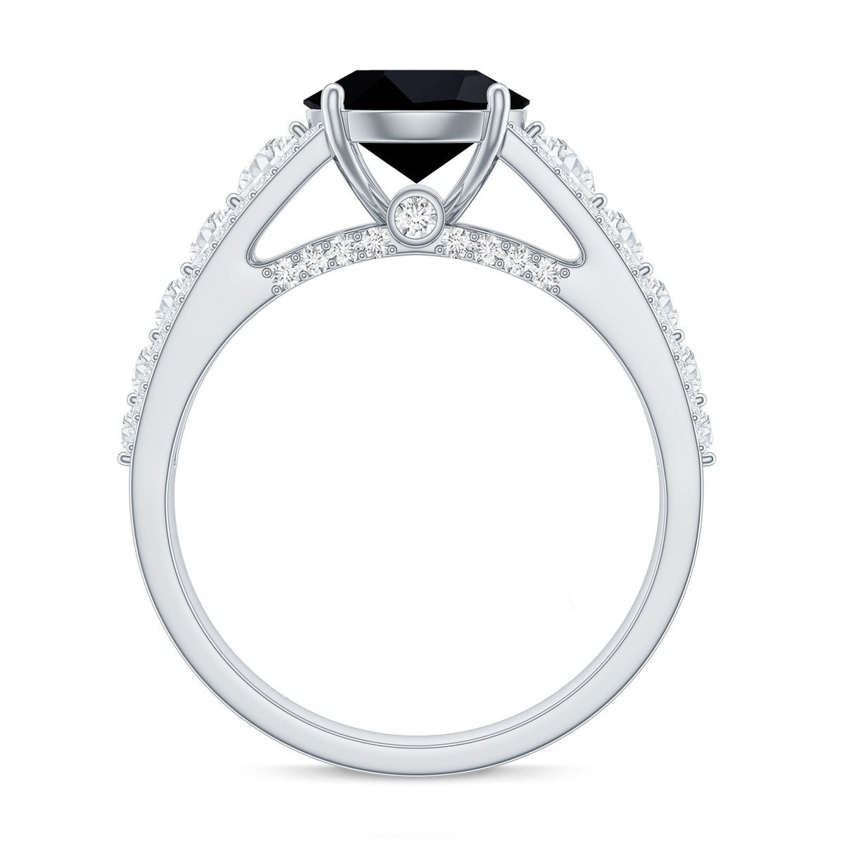 8mm Round Black Onyx Statement Engagement Ring with Moissanite Side Stones