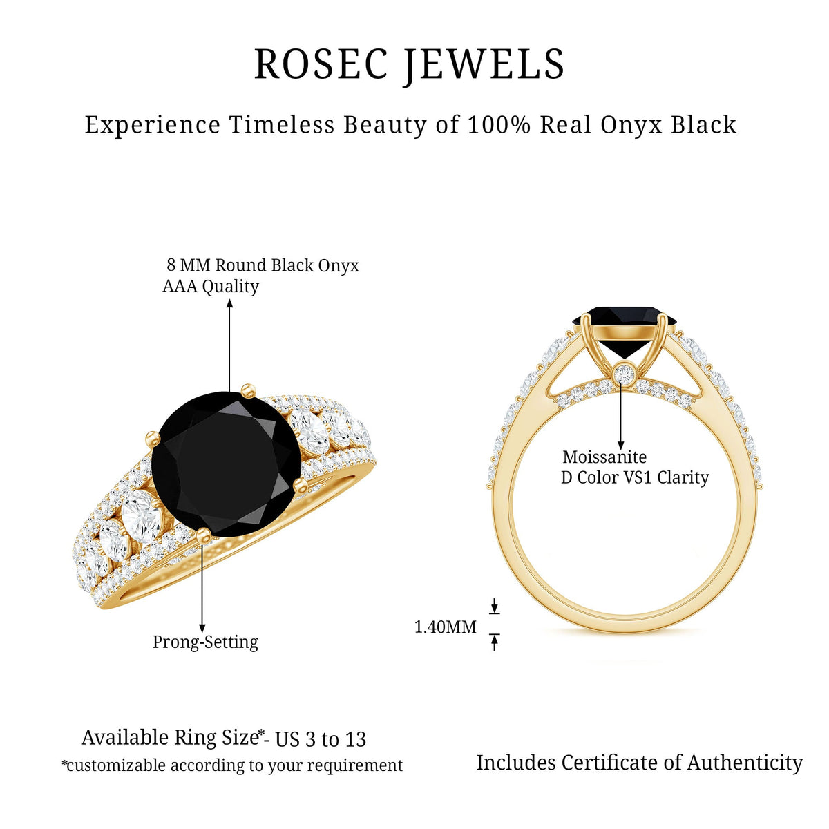 8mm Round Black Onyx Statement Engagement Ring with Moissanite Side Stones