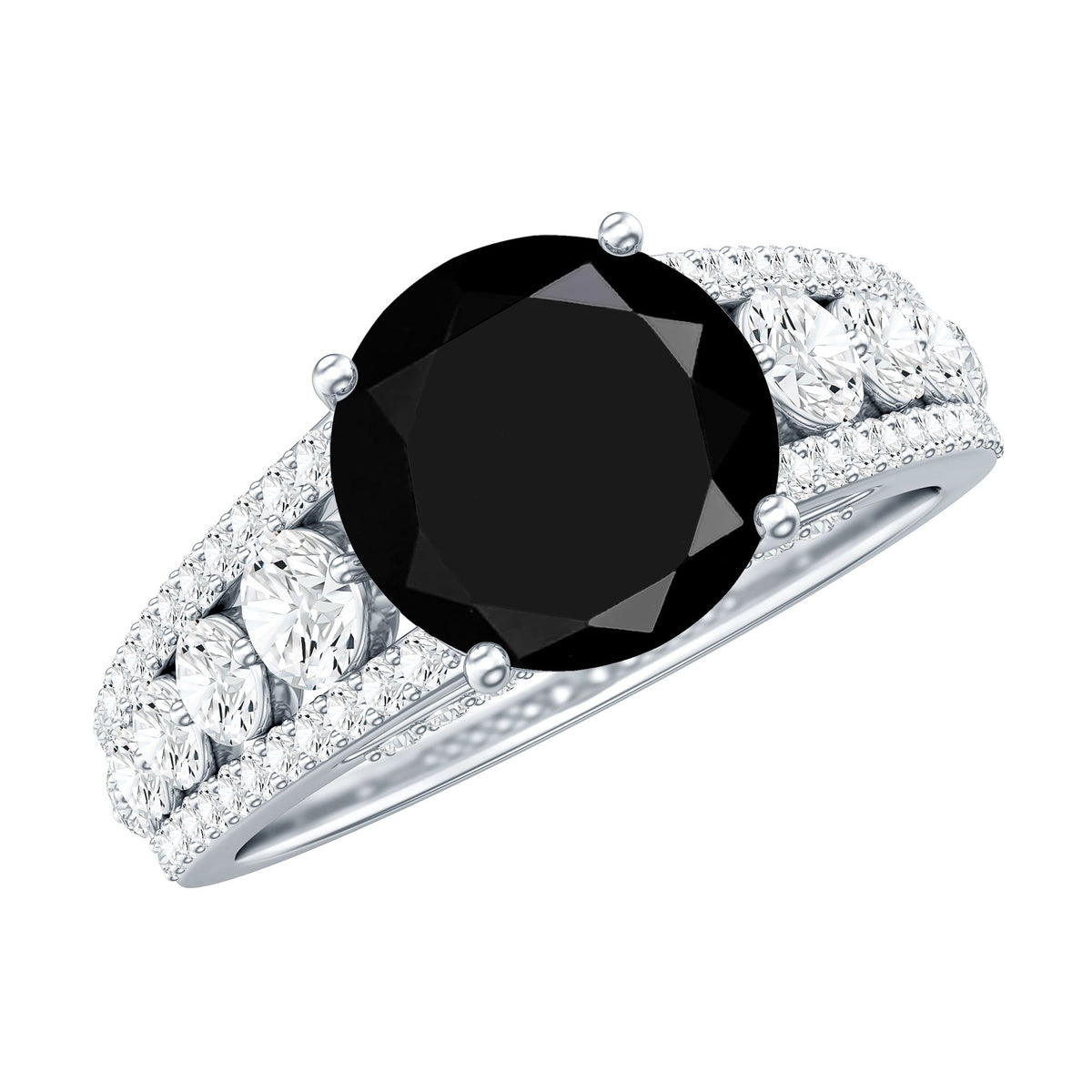 Real 2.5 Carat Black Spinel Engagement Ring with Moissanite Side Stones
