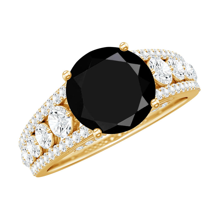 Black spinel engagement ring with 2.5 carats, featuring moissanite side stones, set in a elegant ring design by Rosec Jewels.