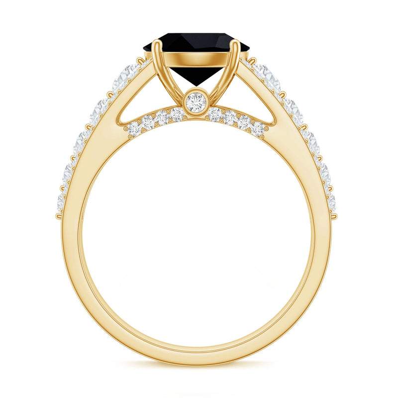 Black spinel engagement ring with 2.5 carats and moissanite side stones, featuring a polished silver band from Rosec Jewels.