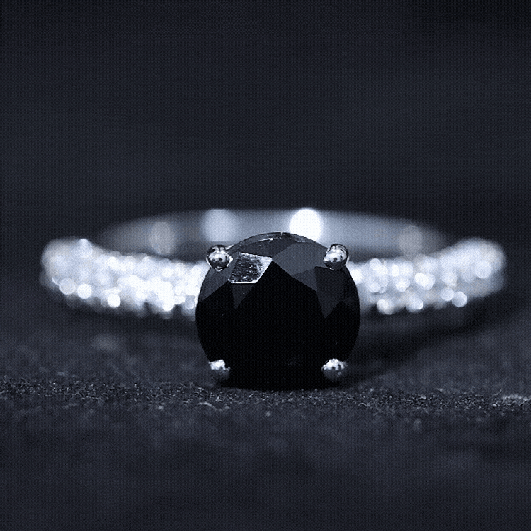 Yellow gold 2 carat solitaire black onyx engagement ring with sparkling moissanite accent, crafted by Rosec Jewels.