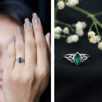 Certified 0.6 Carat Lab Grown Emerald Marquise Promise Ring with Celtic Knot