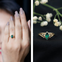 Certified 0.6 Carat Lab Grown Emerald Marquise Promise Ring with Celtic Knot
