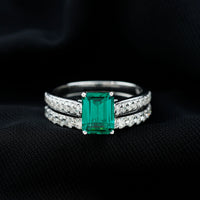 Lab Grown 1.6 Carat Emerald Cut Emerald Engagement Ring with Wedding Band
