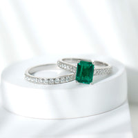 Lab Grown 1.6 Carat Emerald Cut Emerald Engagement Ring with Wedding Band