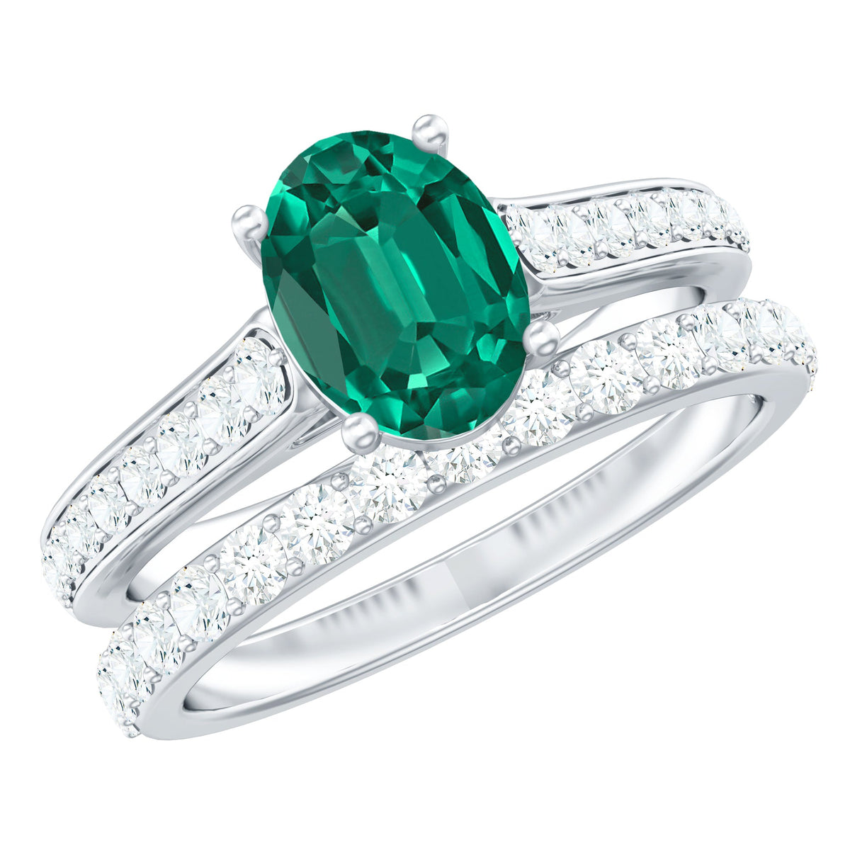 Certified 1.2 Carat Oval Lab Grown Emerald Wedding Bridal Ring Set of 2