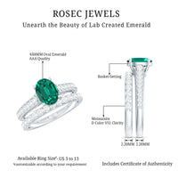 Certified 1.2 Carat Oval Lab Grown Emerald Wedding Bridal Ring Set of 2
