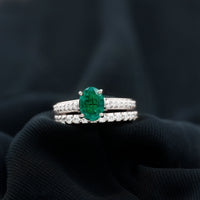 Certified 1.2 Carat Oval Lab Grown Emerald Wedding Bridal Ring Set of 2