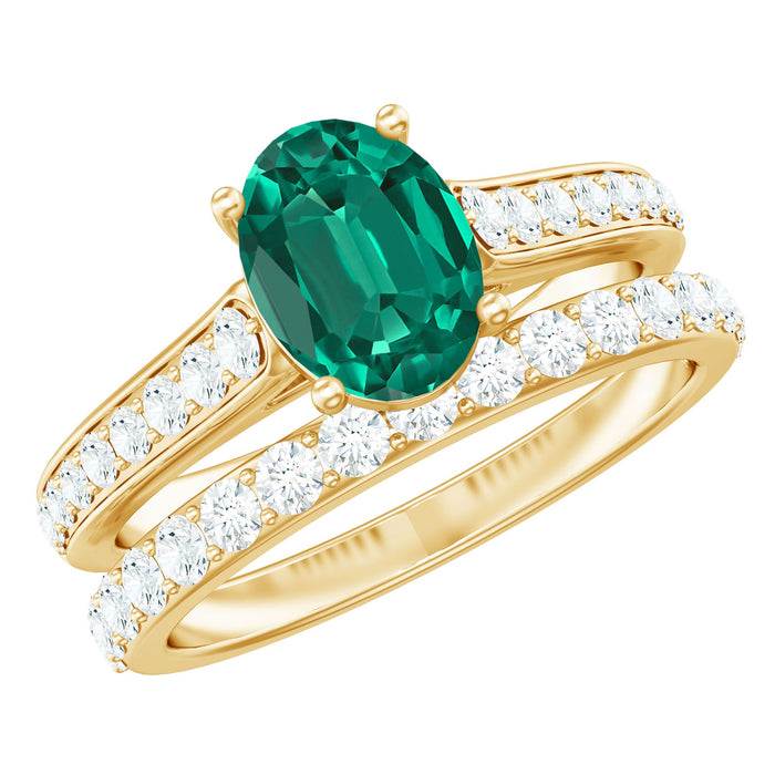 Two certified 1.2 carat oval lab-grown emerald wedding rings set with diamond accents, featuring elegant band designs.
