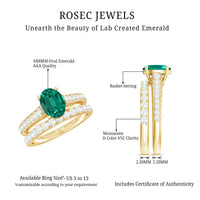Certified 1.2 Carat Oval Lab Grown Emerald Wedding Bridal Ring Set of 2