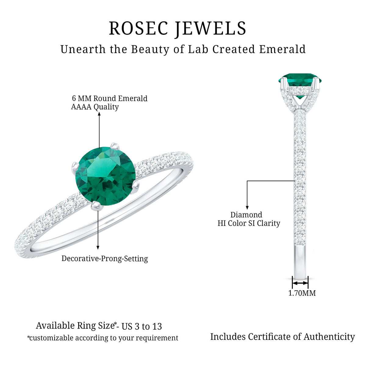 Lab grown emerald solitaire engagement ring with diamond accents, featuring a rose gold band and a prominent green gemstone.