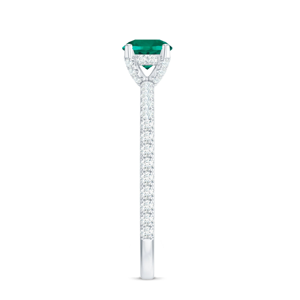 Certified lab-grown emerald solitaire engagement ring with diamond accent from Rosec Jewels, featuring a vibrant green emerald centerpiece.