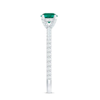 Certified lab-grown emerald solitaire engagement ring with diamond accent from Rosec Jewels, featuring a vibrant green emerald centerpiece.