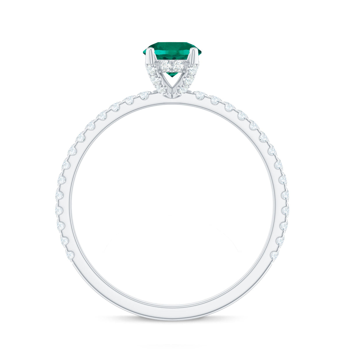 Rosec Jewels lab-grown emerald solitaire engagement ring with a diamond setting, showcasing a vibrant green emerald and sparkling gemstone.