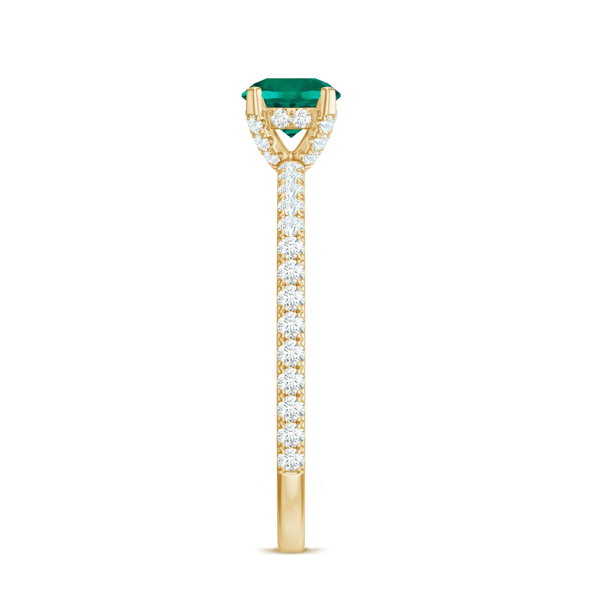 Lab grown emerald solitaire engagement ring with diamond accents, set in a delicate ring band, from Rosec Jewels.