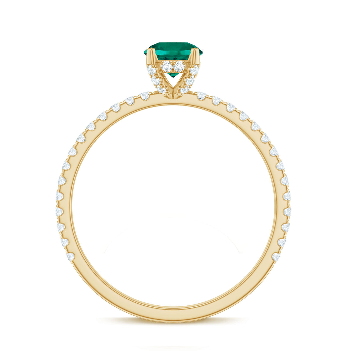 Certified lab-grown emerald solitaire engagement ring with diamond accents from Rosec Jewels, showcasing a polished band and vibrant green emerald.