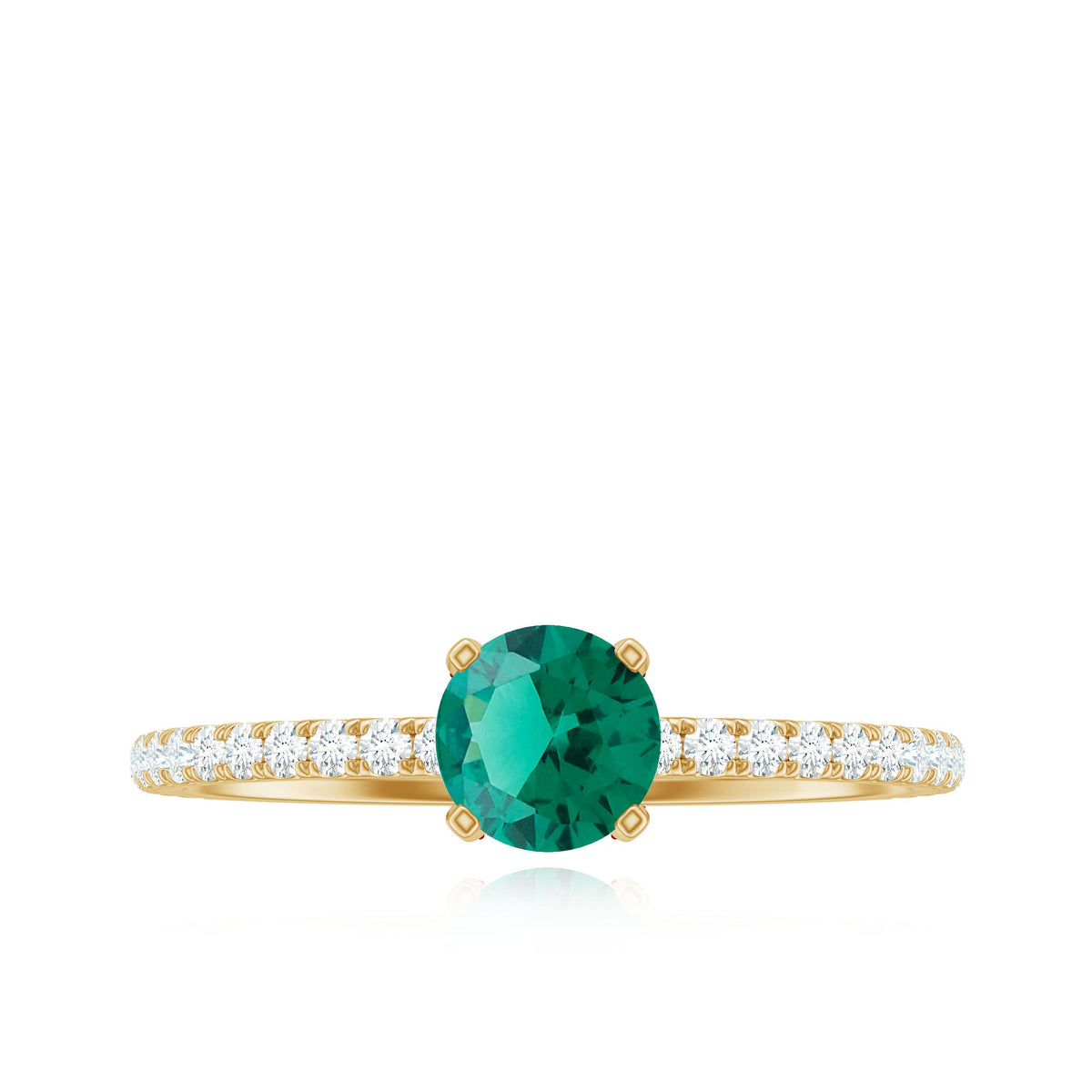 Certified lab-grown emerald solitaire engagement ring with diamond accents from Rosec Jewels, showcasing a vibrant green emerald centerpiece.