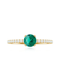 Certified lab-grown emerald solitaire engagement ring with diamond accents from Rosec Jewels, showcasing a vibrant green emerald centerpiece.
