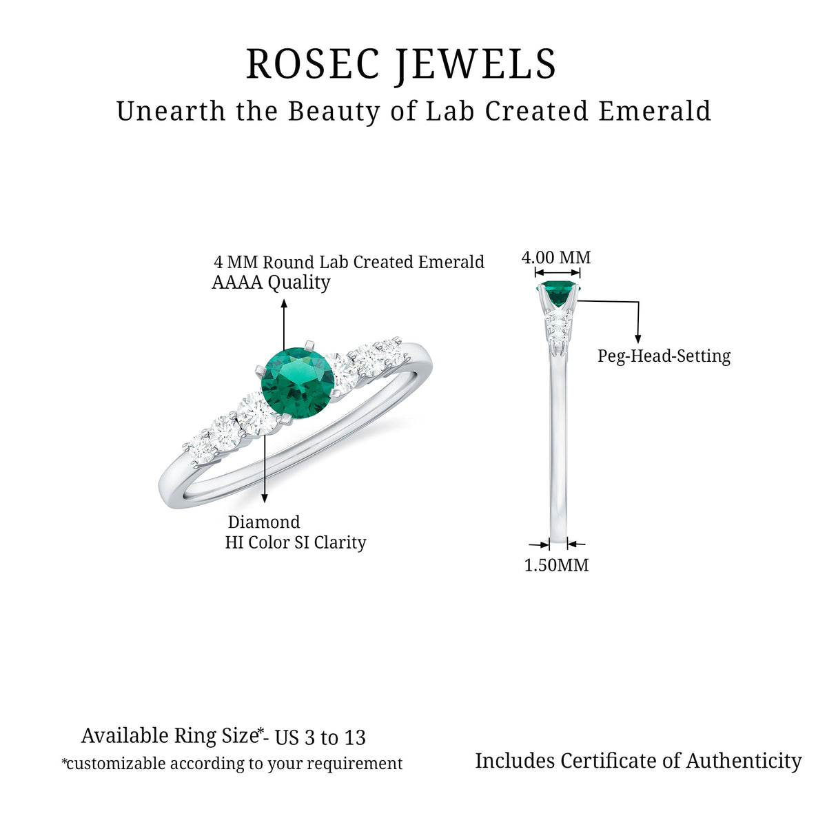 Round Lab Grown Emerald and Diamond Promise Ring by Rosec Jewels, featuring a sleek band with sparkling gemstones and certificate.