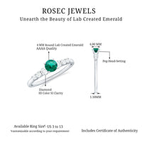 Round Lab Grown Emerald and Diamond Promise Ring by Rosec Jewels, featuring a sleek band with sparkling gemstones and certificate.