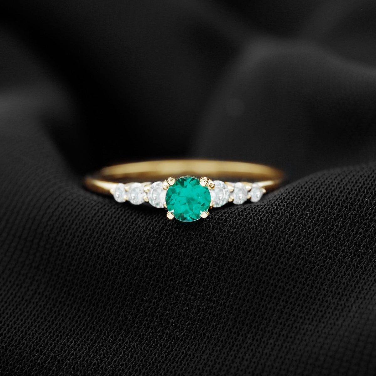 Rosec Jewels round lab-grown emerald and diamond promise ring with certificate, featuring a polished gold band and intricate design.