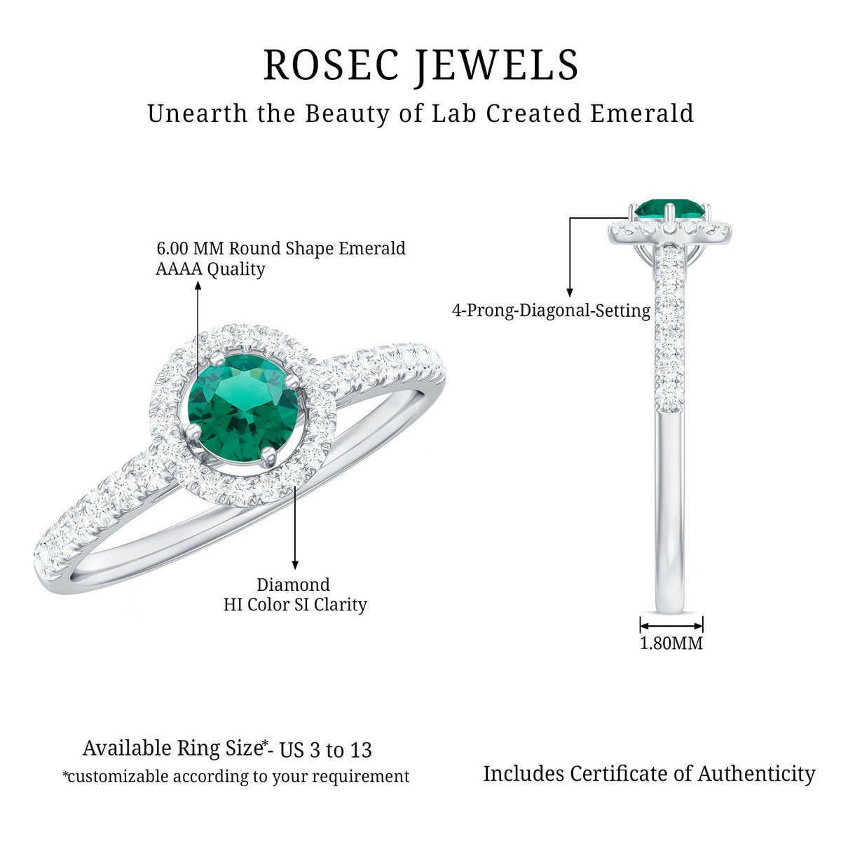 Certified lab-grown emerald diamond halo engagement ring with a rose gold band from Rosec Jewels, showcasing a sparkling central emerald.