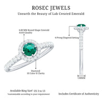 Certified lab-grown emerald diamond halo engagement ring with a rose gold band from Rosec Jewels, showcasing a sparkling central emerald.