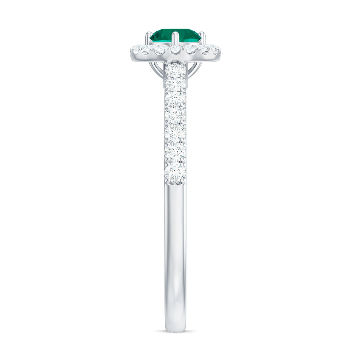 Certified lab-grown emerald diamond halo engagement ring from Rosec Jewels, featuring a central emerald with surrounding diamonds.