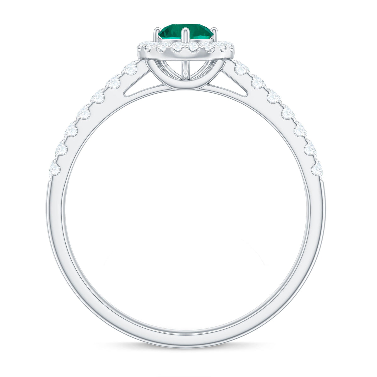 Certified lab-grown emerald diamond halo engagement ring by Rosec Jewels featuring a central emerald surrounded by sparkling diamonds.